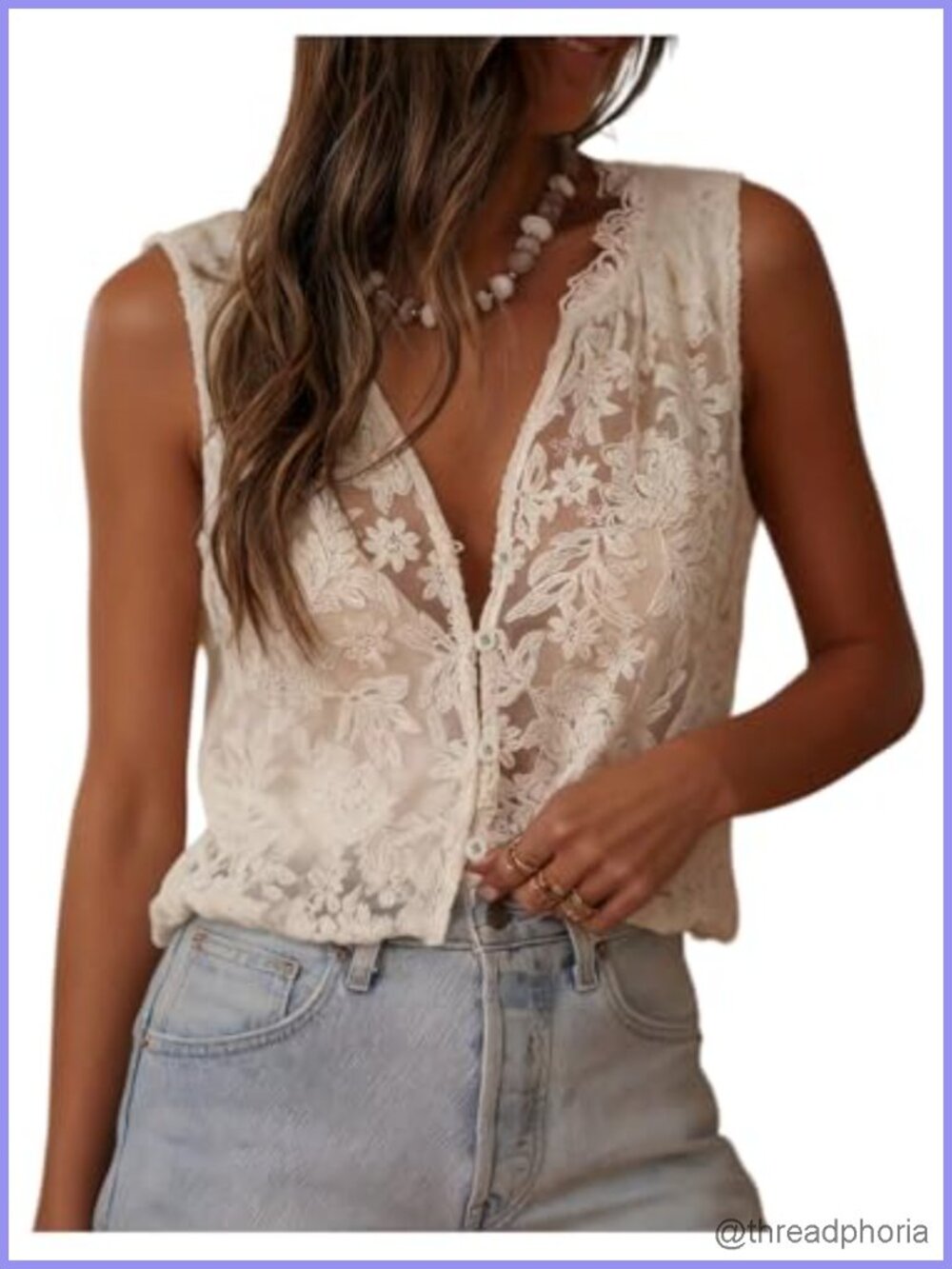 Women's Embroidered Lace Sleeveless Button Up Tank Top Blouse Boho Sheer Mesh
